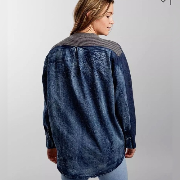 Gilded Intent Pieced Denim Cardigan Sweater Navy Gray Denim - Picture 2 of 11